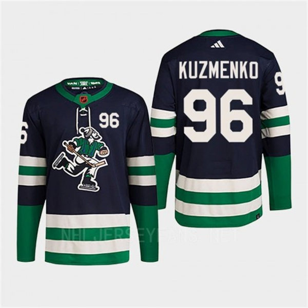 Men's Vancouver Canucks #96 Andrei Kuzmenko Navy 2022 Reverse Retro Primegreen Jersey Men's Vancouver Canucks #96 Andrei Kuzmenko Navy 2022 Reverse Retro Primegreen Jersey